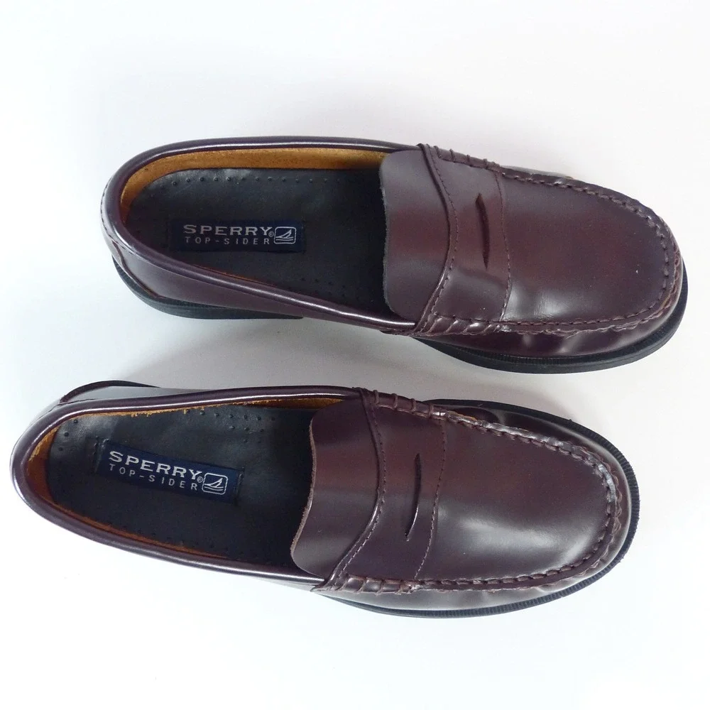 Sperry Colton Penny Loafer Leather Boys 5M Burgundy Dress Shoes Dark Brown NWOB